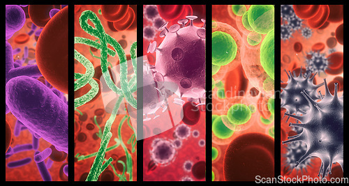 Image of Virus, infection and cell structure of disease closeup in series for medical investigation or research. Covid, bacteria and healthcare with a microscope view of living molecule samples for biology