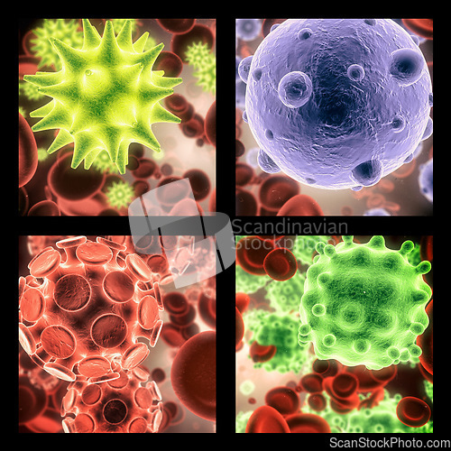 Image of Virus, bacteria and molecule structure of disease closeup in series for medical investigation or research. Covid, particle and healthcare with a microscope view of living cell samples for biology