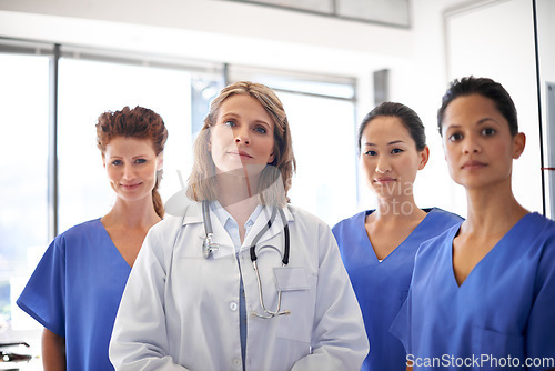 Image of Doctor, nurses and portrait of hospital group or women leadership in clinic team or surgeons for diversity in healthcare. Wellness, professional and teamwork or collaboration and medical student