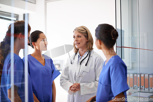 Image of Team, discussion and woman doctor or medical professionals on healthcare planning or wellness analysis in hospital. Leader, meeting and mature nurse or student staff for collaboration and clinic