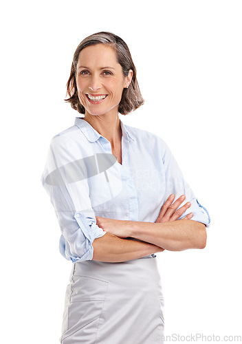 Image of Portrait, smile and business woman with arms crossed in studio isolated on a white background. Face, professional and mature female entrepreneur from Australia with confidence mindset and happiness.