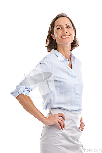 Image of Portrait, smile and business woman akimbo in studio isolated on a white background. Face, professional and mature female entrepreneur from Australia with confidence, happiness and hands on hips.