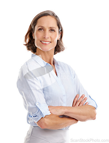 Image of Portrait, happy and business woman arms crossed in studio isolated on a white background. Face, professional and mature female entrepreneur from Australia with confidence mindset and happiness.