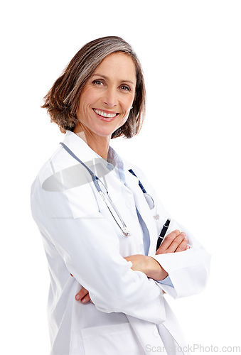 Image of Portrait, woman and happy doctor with arms crossed in studio isolated on a white background. Healthcare, face and mature female medical professional from Australia with confidence and a smile.