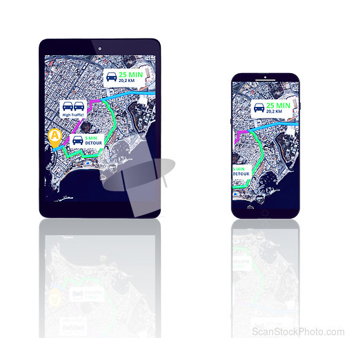 Image of Tablet, mobile app or street location to travel on city road maps or direction route or white background. Mockup, digital ux or phone screen of journey display, global navigation or virtual guide