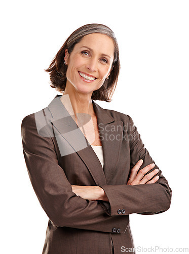 Image of Portrait, business woman and smile with arms crossed in studio isolated on a white background. Face, boss and mature female ceo, professional or executive from Australia with confidence and happy.