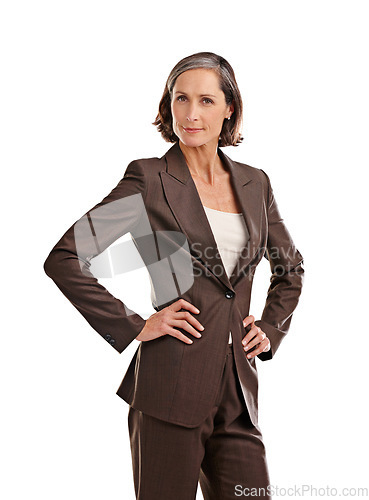 Image of Portrait, business woman and serious akimbo in studio isolated on a white background. Face, boss and mature female ceo, professional or executive from Australia with confidence and hands on hips.