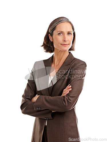 Image of Portrait, business woman and serious with arms crossed in studio isolated on a white background. Face, boss and mature female ceo, professional or executive from Australia with confidence mindset.