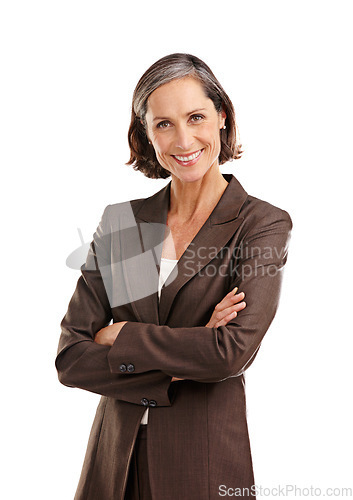 Image of Portrait, business woman and happy with arms crossed in studio isolated on a white background. Face, boss and mature female ceo, professional or executive from Australia with smile for confidence.