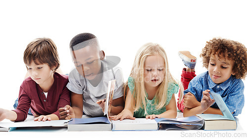 Image of Reading, books and children learning on the floor or students together and on a white background. Kids, information and development or school growth or friends happy to learn and isolated in studio