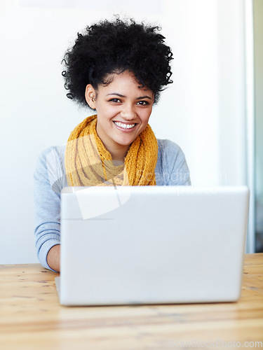 Image of Portrait, laptop and happy woman or student with e learning platform, university registration or college application online. Face of African person on computer at desk for remote education or study