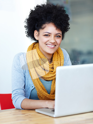 Image of Laptop, portrait and happy woman or student for online education, studying course and university planning at desk. Creative, smile and face of african person on computer, web and scholarship research