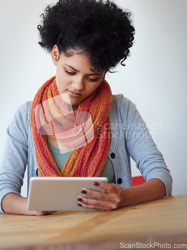 Image of Tablet, online and young woman in business startup, creative career or entrepreneur with research, management or analysis. Paperless, typing and African person on digital app or technology scroll