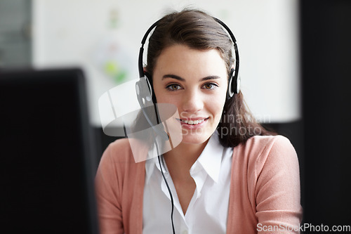 Image of Portrait, call center and happy woman in office for virtual communication, online support or e learning consultant. Face of agent, web advisor or person for elearning services, helping or course info