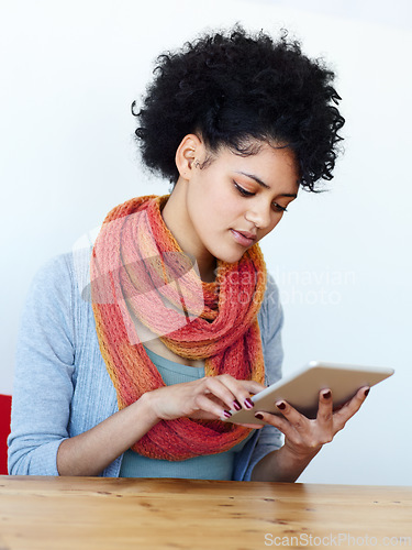 Image of Tablet, search and young woman thinking of online education, college website or university application results. E learning, scholarship and african person on digital technology, review and research