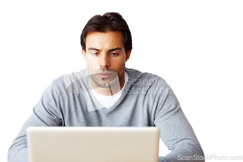 Image of Computer, research and business man isolated on a white background for startup, career planning or website design ideas. Creative, focus and serious person or online user reading on laptop in studio
