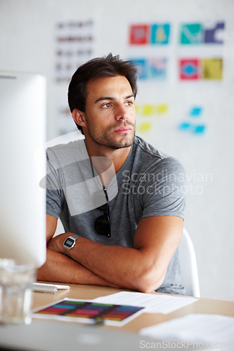 Image of Computer, thinking and business man for online project, website design and digital brainstorming or brand solution. Young person, designer or worker on desktop pc with startup planning and vision