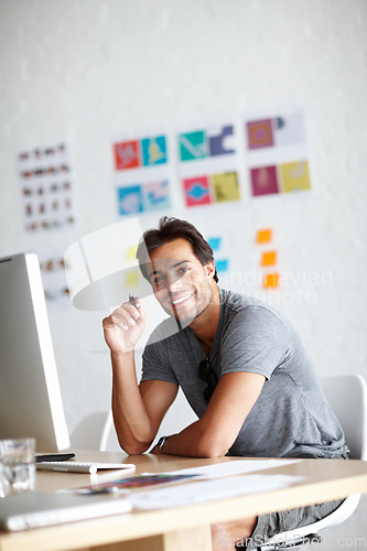 Image of Computer, office and happy portrait of man with ideas, planning and creativity in online, graphic design and website. Creative, smile and face of person on desktop pc, startup business and workplace
