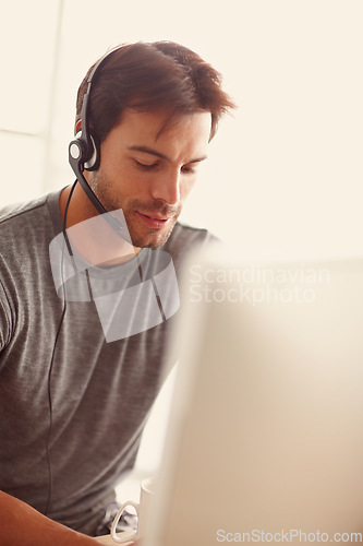 Image of Call center, computer and man thinking of information technology, technical support and software solution for client. PC agent, online consultant or business person as virtual assistant on desktop