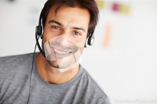 Image of Portrait, call center and happy man in startup for virtual communication online support or e learning consultant. Face of agent, web advisor or person with elearning services, helping and course info