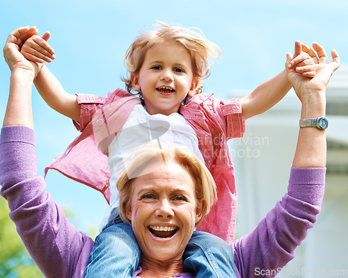 Image of Happy, portrait and piggyback with grandmother and grandson for smile, fun and together. Care, weekend and generations with face of old woman and young child for family, love and happiness