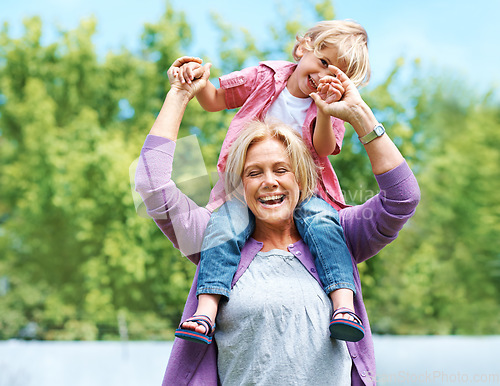 Image of Happy, fun and piggyback with grandmother and grandson for bonding, playful and affectionate. Free time, weekend and generations with old woman and young boy for family, laughing and happiness