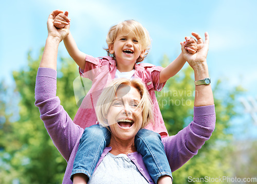 Image of Happy, smile and piggyback with grandmother and grandson for bonding, fun and affectionate. Free time, weekend and generations with old woman and young boy for family, laughing and happiness
