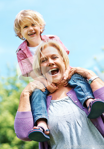 Image of Happy, laughing and piggyback with grandmother and child for bonding, fun and affectionate. Free time, weekend and generations with old woman and young boy for family, playful and happiness