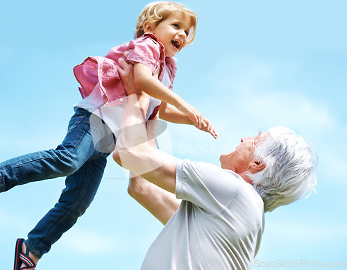 Image of Smile, lifting and laugh with grandfather and grandson for bonding, affectionate and free time. Happiness, fun and playing with old man and young boy for family, generations and carefree mockup