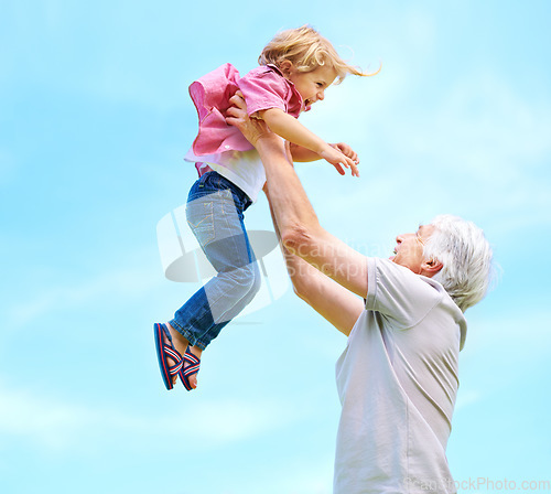 Image of Fun, lifting and playful with grandfather and grandson for bonding, affectionate and free time. Love, smile and playing with old man and boy for family and generations on blue sky mockup space