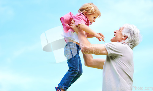 Image of Happy, lifting and fun with grandfather and grandson for bonding, affectionate and free time space. Happiness, smile and playing with old man and young boy for family, generations and blue sky mockup