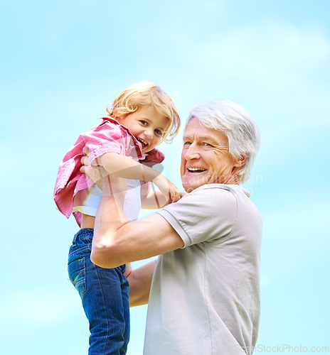 Image of Happy, lifting and portrait of grandfather and grandson for bonding, affectionate and free time. Happiness, fun and playing with old man and young boy for family, generations and blue sky mockup