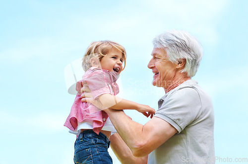 Image of Smile, lifting and playful with grandfather and grandson for bonding, affectionate and free time. Happiness, fun and playing with old man and young boy for family and blue sky with mockup space