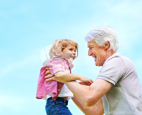 Image of Happy, lifting and smile with grandfather and grandson for bonding, affectionate and free time. Happiness, fun and playing with old man and boy for family generations on blue sky mockup with space