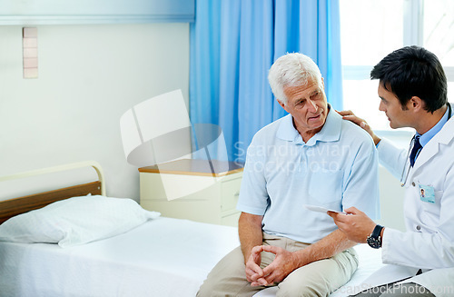 Image of Doctor, senior man patient and talking with paperwork, results and news for health in retirement at clinic. Men, medic and consultation for wellness, healthcare and discussion in hospital mock up