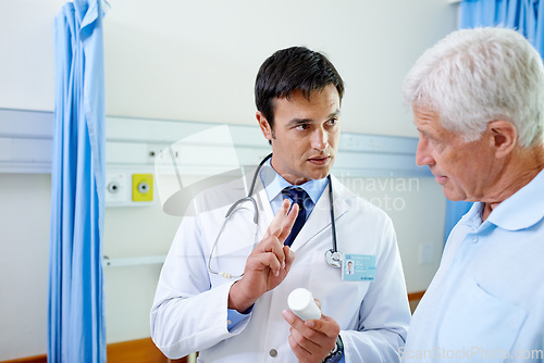 Image of Discussion, pills and doctor with old man in hospital with advice, help and support from senior care clinic. Retirement, consultation and prescription for elderly patient with medical professional.