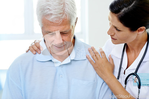 Image of Support, woman doctor and sad old man in hospital for advice, help and consultation at senior care clinic. Retirement, mental health and medical professional counselling elderly patient with anxiety.