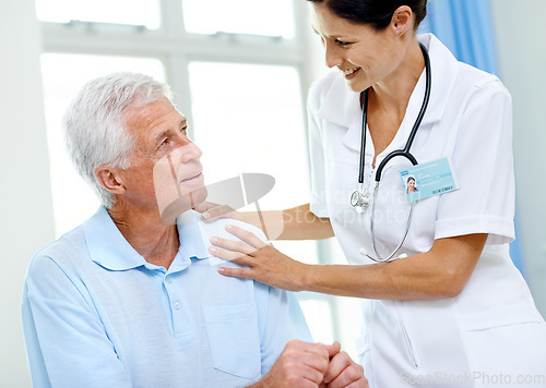 Image of Help, woman doctor and old man in nursing home for advice, comfort and support at senior care clinic. Retirement hospital, counselling and elderly patient with nurse or professional medical caregiver