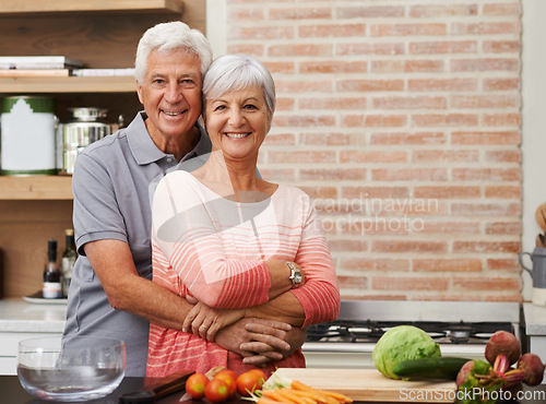 Image of Cooking, hug and portrait of old couple in kitchen for salad, love and nutrition. Happy, smile and retirement with senior man and woman cutting vegetables at home for food, dinner and recipe