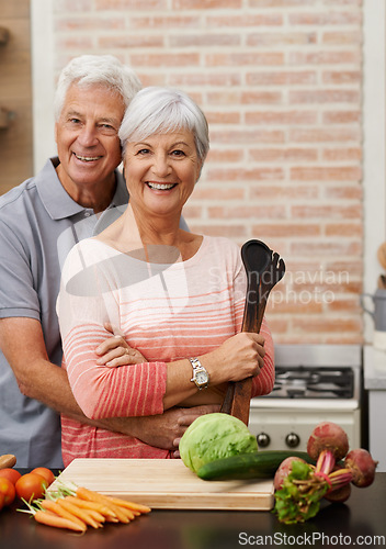 Image of Cooking, happy and portrait of old couple in kitchen for salad, love and nutrition. Health, smile and retirement with senior man and woman cutting vegetables at home for food, dinner and recipe