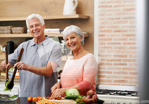 Image of Cooking, help and portrait of old couple in kitchen for salad, love and nutrition. Happy, smile and retirement with senior man and woman cutting vegetables at home for food, dinner and recipe