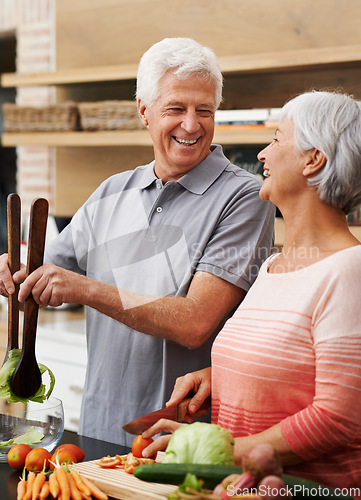 Image of Cooking, health and laughing with old couple in kitchen for salad, love and nutrition. Happy, smile and retirement with senior man and woman cutting vegetables at home for food, dinner and recipe