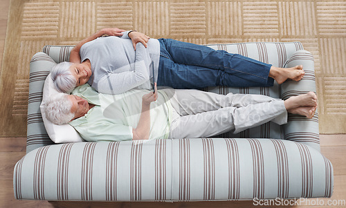 Image of Top view, tablet and senior couple relax on sofa, social media and online app for ebook at home. Happy old man, woman and digital technology subscription, streaming and website on internet connection