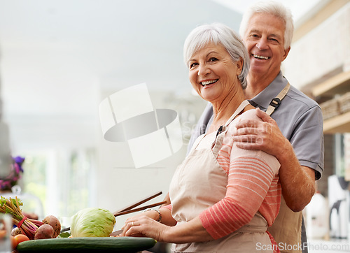 Image of Cooking, nutrition and portrait of old couple in kitchen for salad, love and health. Happy, smile and retirement with senior man and woman cutting vegetables at home for food, dinner or recipe mockup