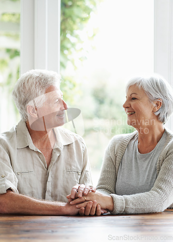 Image of Happy senior couple holding hands in support, love and comfort together in retirement at home. Elderly man, old woman and smile with helping hand, trust and care for life partner, loyalty and respect