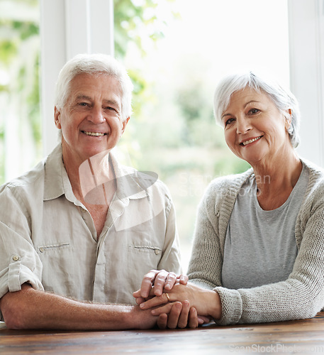 Image of Portrait, smile and senior couple holding hands in support, love and relax together at home. Happy old man, woman and helping hand for trust, care and loyalty to life partner, respect and gratitude