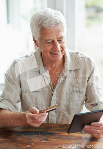 Image of Happy senior man, credit card and tablet of online shopping, cash payment and fintech app. Elderly person, digital banking and ecommerce for finance, sales and easy investment transaction on internet