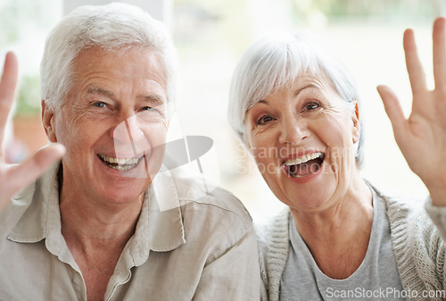 Image of Portrait, senior couple and waving on video call, digital communication and voip connection at home. Face of happy old man, excited woman and hello for virtual contact, online networking and chat