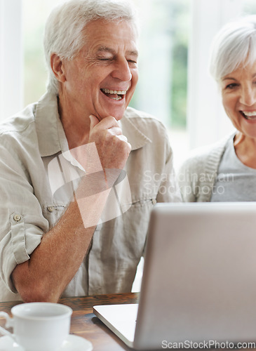 Image of Happy senior couple, laptop and connection in home for online shopping, internet research and website blog. Old man, woman and laughing on computer for social media, funny digital news and technology