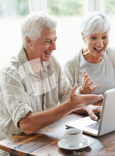 Image of Excited senior couple, laptop and cheering in home for online shopping deal, sales and good news in lottery. Happy old man, woman and wow celebration on computer for winning, surprise and competition